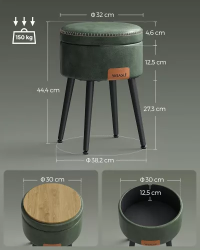 ECHO kerek tároló puff acél lábakkal, műbőr borítással és varrással, zöld