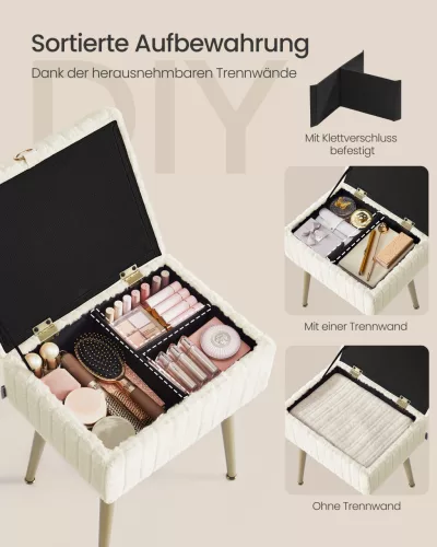 Ülőke tárolóval, fém lábak, párnázott, krémfehér