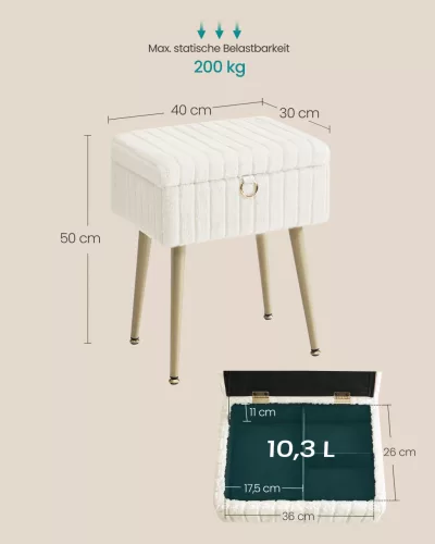 Ülőke tárolóval, fém lábak, párnázott, krémfehér