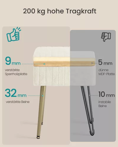 Ülőke tárolóval, fém lábak, párnázott, krémfehér