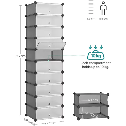 SONGMICS Összecsukható cipőtartó, téglalap alakú tároló szervező, 10 rekeszes moduláris