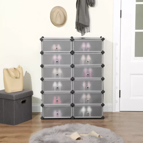 Moduláris cipőtartó, 12 db összekapcsolható tároló, fekete