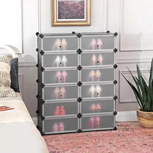 Moduláris cipőtartó, 12 db összekapcsolható tároló, fekete