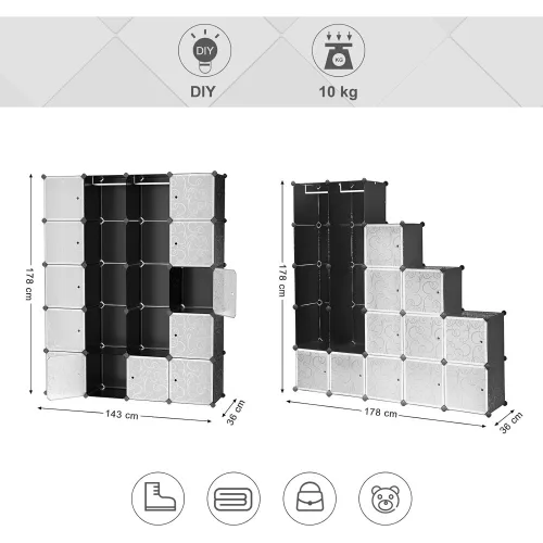 SONGMICS Gardróbszekrény 2 ruhavállal 180 x 145 x 37 cm Fekete, Schwarz, 143 x 178 x 36 cm