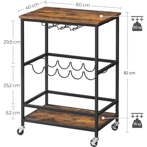 VASAGLE LRC087B01 Konyhai szekrény görgőkkel, polcokkal, üveg- és palacktartóval 60 x 40 x 75