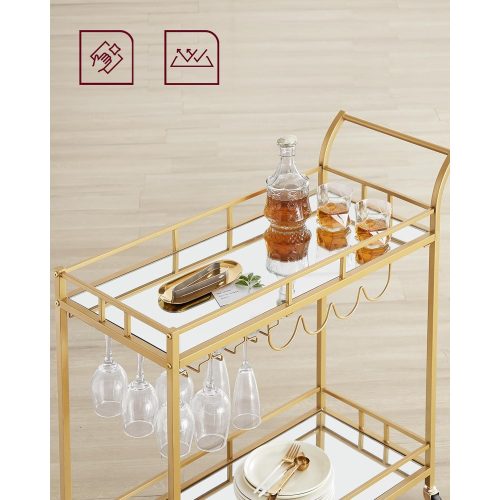 VASAGLE Szolgálókocsi Trolley Üvegtartóval 2 tükrös üvegpolccal Bárpult Kocsi Boroskocsi