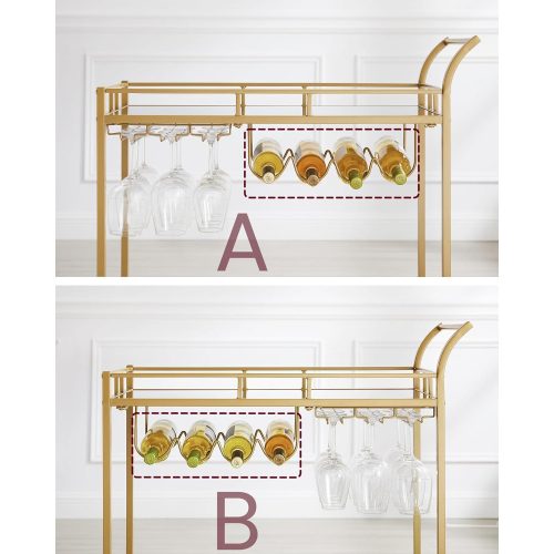 VASAGLE Szolgálókocsi Trolley Üvegtartóval 2 tükrös üvegpolccal Bárpult Kocsi Boroskocsi