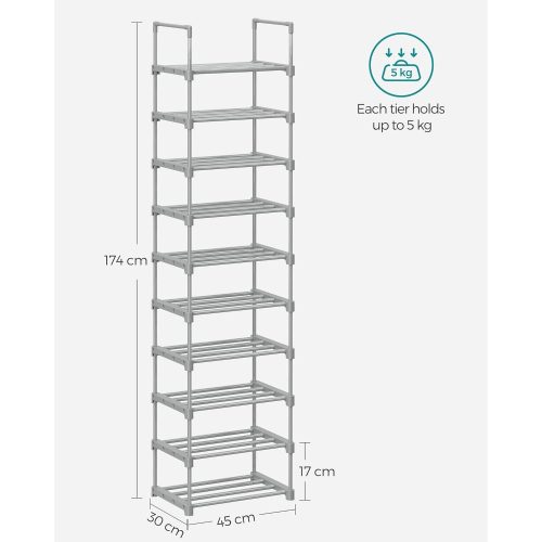 SONGMICS Cipőtartó, 10 szintes fém cipőtároló szervező, testreszabható design, fém váz,