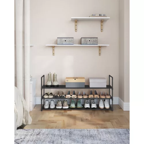 Cipőtartó polc, 3 szintes fém tároló, akár 18 pár cipőhöz, fekete 116x30x55cm