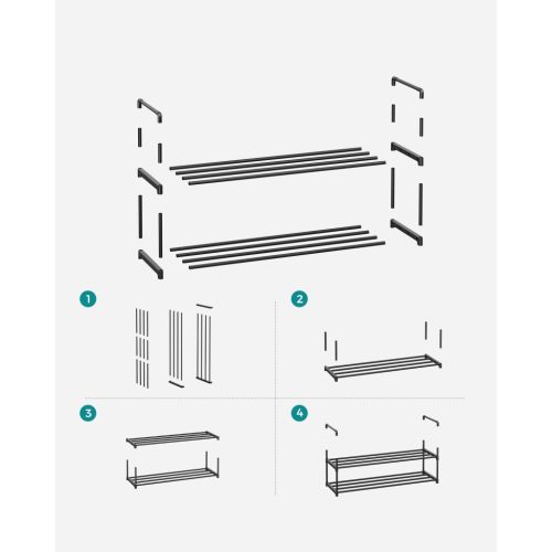 Cipőtartó polc 2 szintes fém tárolóval, akár 10 pár cipőhöz, fekete 30x92x34cm