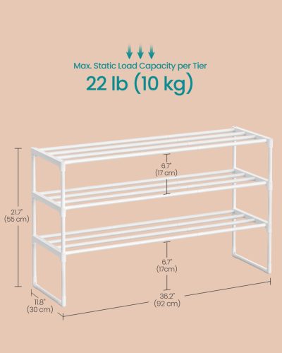 Cipőtartó polc, 3 szintes fém tároló, akár 20 pár cipőhöz, fehér 30x92x55cm