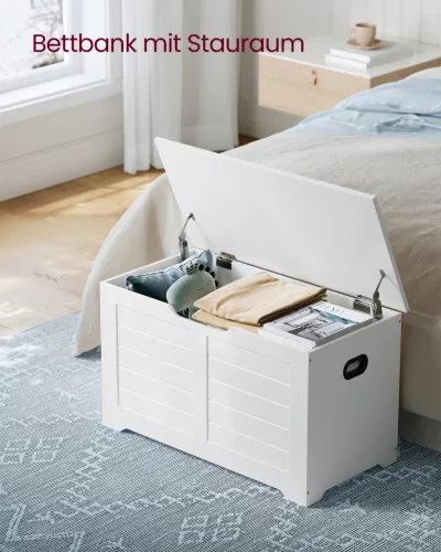 Tároló láda, felnyitható cipőpad, 2 biztonsági zsanérral, fehér