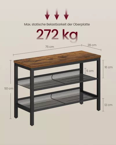 Cipőtároló pad, három szintes, rusztikus barna és matt fekete