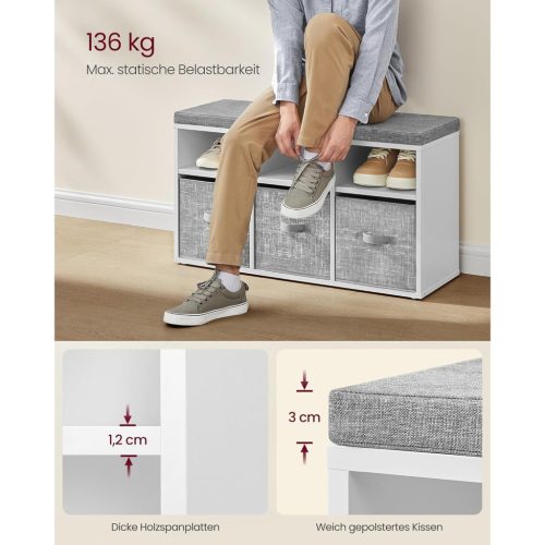 VASAGLE Cipőpad Ülőke Cipőrendező 6 Rekesszel és 3 Állítható Polccal 3 Tárolódoboz a