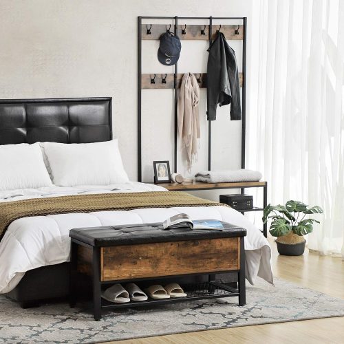 VASAGLE Ipari Cipőtároló Pad, Ágyvégi Hokedli Párnázott Ülőkével és Cipőpolccal,