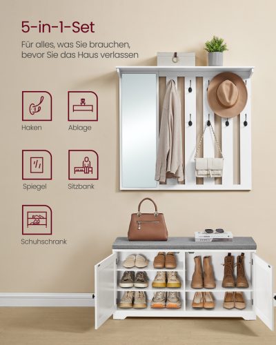 Cipőtároló pad, faliszekrény, ruhaakasztó tükörrel, 10 dupla akasztó, felhőfehér