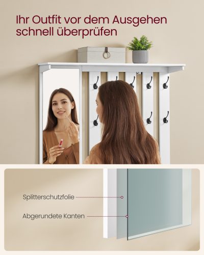 Cipőtároló pad, faliszekrény, ruhaakasztó tükörrel, 10 dupla akasztó, felhőfehér