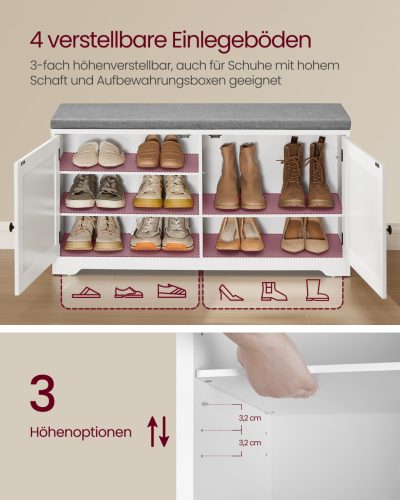 Cipőtároló pad, faliszekrény, ruhaakasztó tükörrel, 10 dupla akasztó, felhőfehér