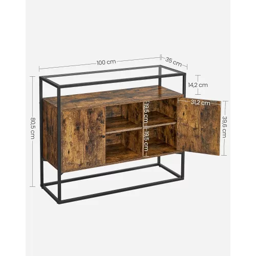 VASAGLE Oldalszekrény, Szekrény, Tárolószekrény üvegfelülettel és nyitott rekeszekkel,