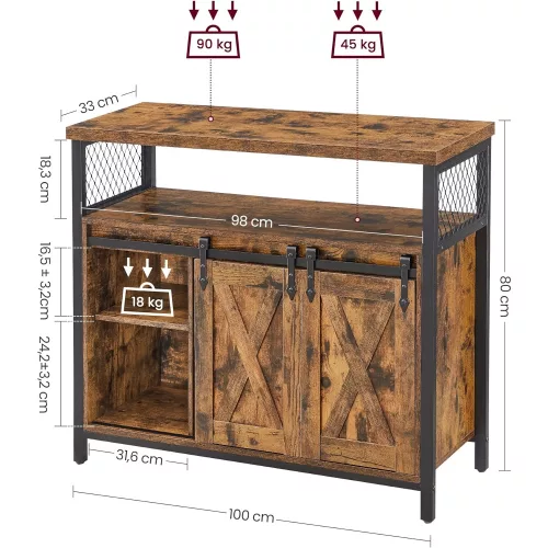 VASAGLE Étkezőszekrény, Konyhaszekrény, Tárolószekrény, Büféasztal tolóajtókkal,