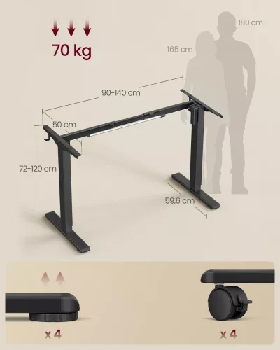 Elektromosan állítható íróasztal váz, fekete, 86-130x60x71-117cm