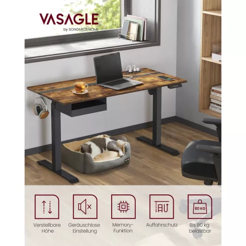 Elektromosan állítható íróasztal, fiókkal, rusztikus barna 140 cm