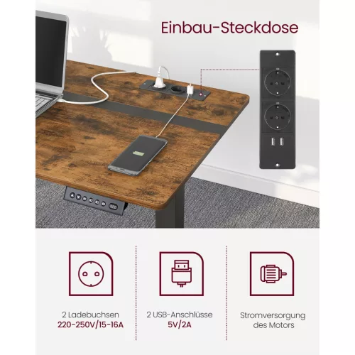 Elektromosan állítható íróasztal, fiókkal, rusztikus barna 140 cm