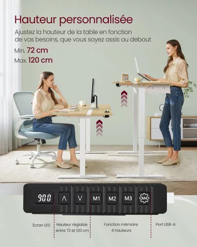 Elektromosan állítható íróasztal, fiókkal, tölgy és fehér, 160 cm