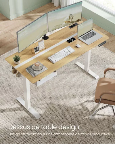 Elektromosan állítható íróasztal, fiókkal, tölgy és fehér, 160 cm