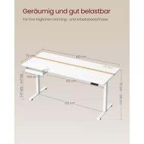   Elektromosan állítható íróasztal, fiókkal, fehér, 160 cm