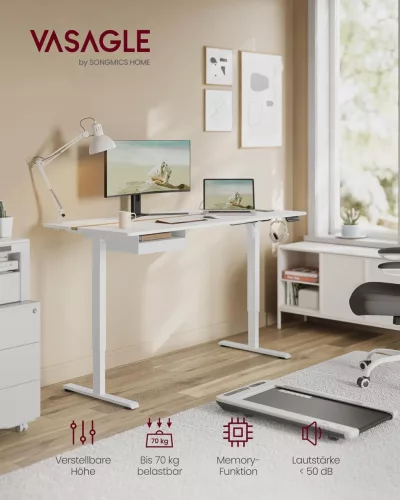 Elektromosan állítható íróasztal, fiókkal, fehér, 160 cm