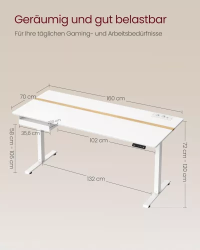 Elektromosan állítható íróasztal, fiókkal, fehér, 160 cm