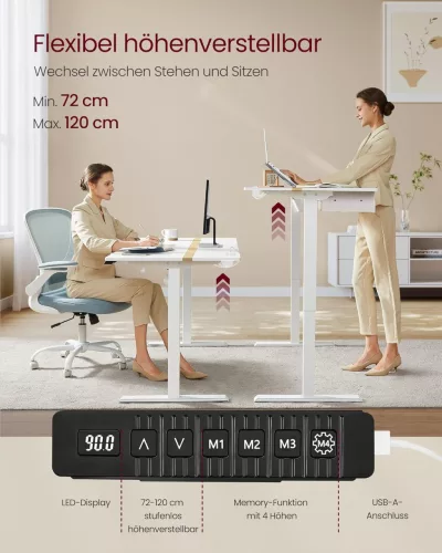 Elektromosan állítható íróasztal, fiókkal, fehér, 160 cm