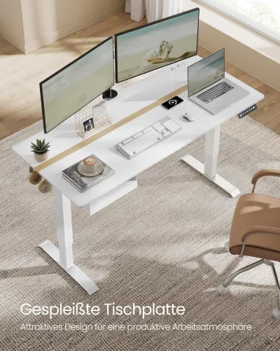 Elektromosan állítható íróasztal, fiókkal, fehér, 160 cm