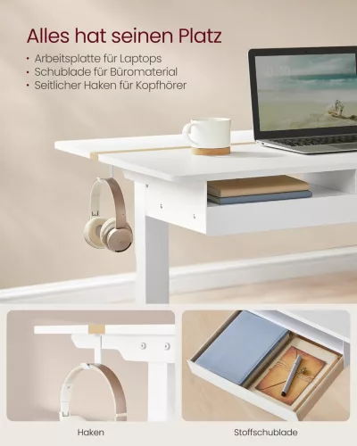 Elektromosan állítható íróasztal, fiókkal, fehér, 160 cm