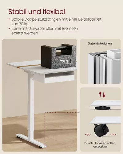 Elektromosan állítható íróasztal, fiókkal, fehér, 160 cm