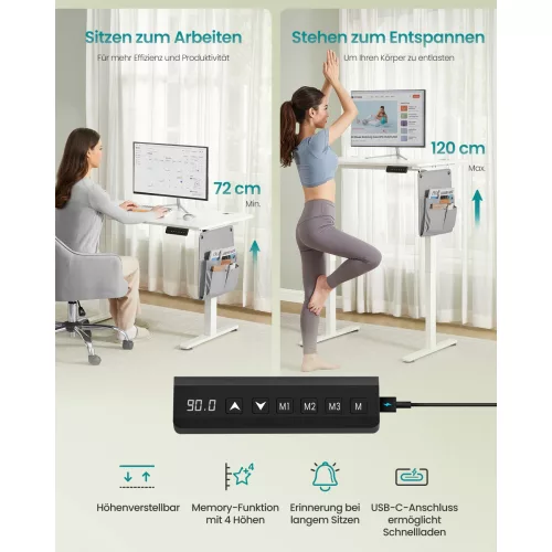 Elektromos állítható íróasztal, memória, USB-C, felhő fehér, 100 x 60 x 71-120 cm