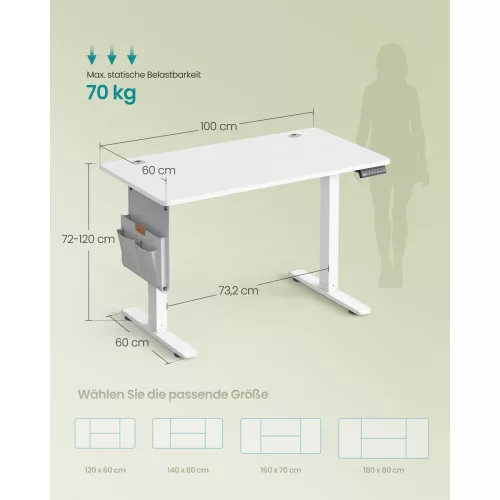 Elektromos állítható íróasztal, memória, USB-C, felhő fehér, 100 x 60 x 71-120 cm