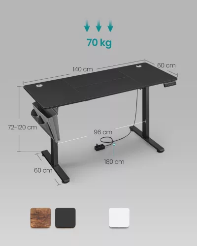 Elektromosan állítható íróasztal, 60 x 140 x (72-120) cm, fekete