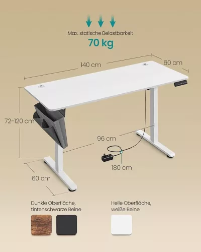 Elektromosan állítható íróasztal, 60 x 140 x 72-120 cm, felhőfehér