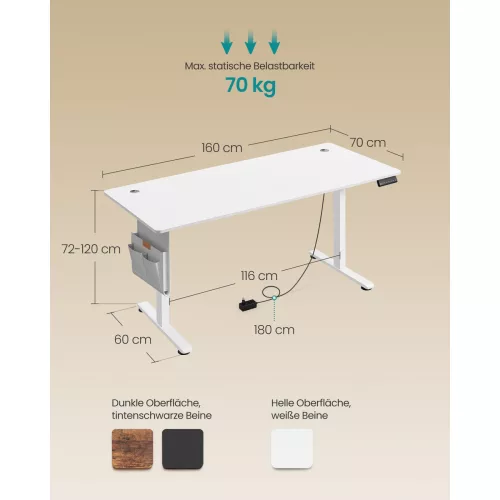 Elektromos állítható íróasztal, memória funkció, felhő fehér, 180 x 80 x 72-120 cm