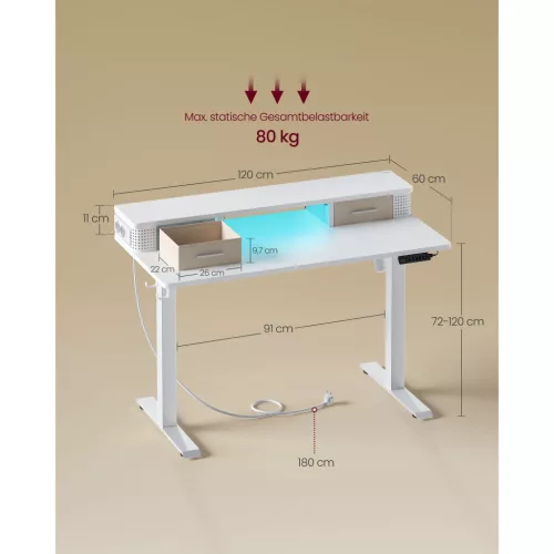 VASAGLE Elektromosan állítható magasságú íróasztal, 60 x 120 x (72-120) cm,