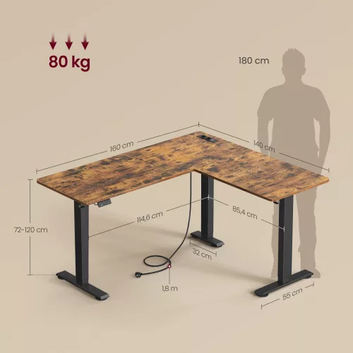 Elektromos állítható sarokíróasztal, L-alakú, rusztikus barna, 140 x 160 x 72-120 cm