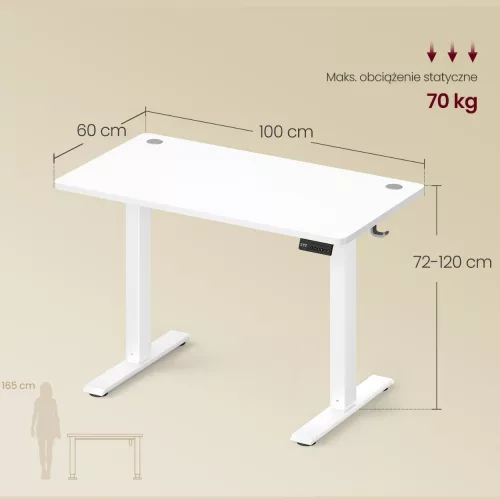 Elektromos állítható íróasztal, memória funkció, felhő fehér, 100 x 60 x 72-120 cm