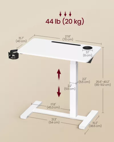 Mobil számítógép asztal kerekekkel, állítható magasság 70x40cm, felhő fehér