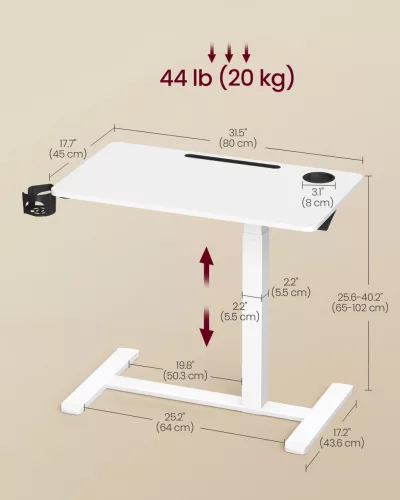 Mobil számítógép asztal kerekekkel, állítható magasság 80x45cm, felhő fehér