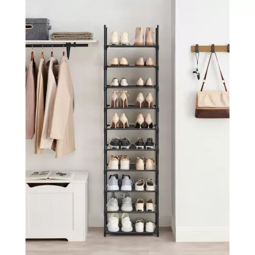 Cipőtartó állvány, 10 szintes fém tároló, helytakarékos, fekete 45x28x173cm