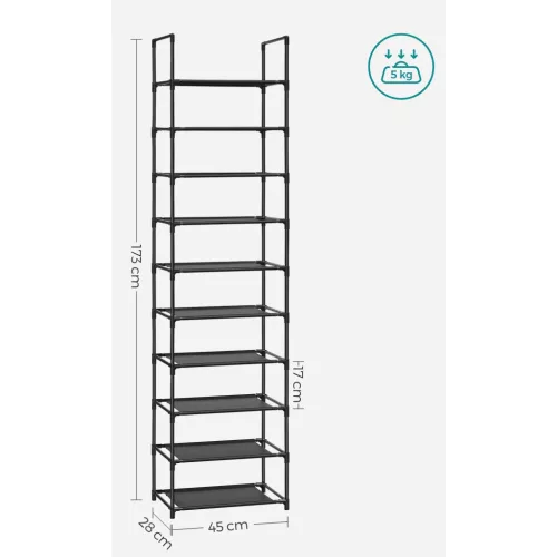 Cipőtartó állvány, 10 szintes fém tároló, helytakarékos, fekete 45x28x173cm