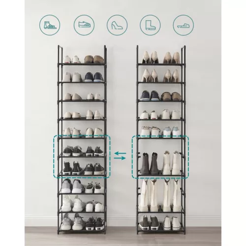 Cipőtartó állvány, 10 szintes fém tároló, helytakarékos, fekete 45x28x173cm