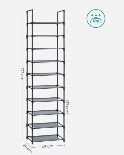 Cipőtartó polc 10 szintes fém vázzal, szürke